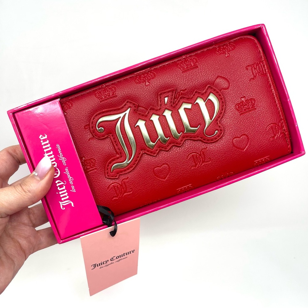JUICY COUTURE Zip Around Wallet Lipstick Red Liquid Gold Logo Gift Box Boxed NEW
